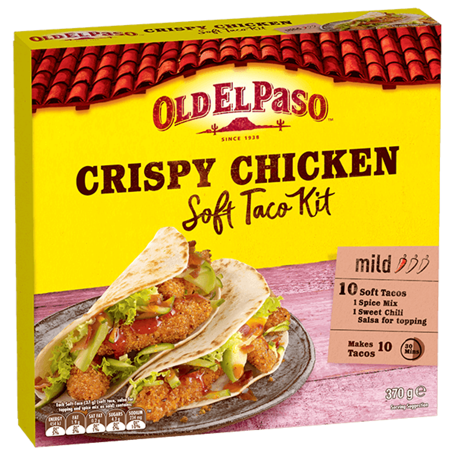 a pack of Old El Paso's crispy chicken mild soft taco kit containing soft tacos, spice mix & sweet chili salsa for topping (370g)